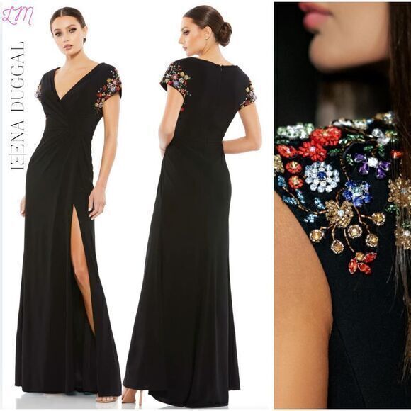 Mac Duggal 55709 JerseyFaux Wrap Gown Size 8 Embellished Sleeve‎ Black - Picture 1 of 13